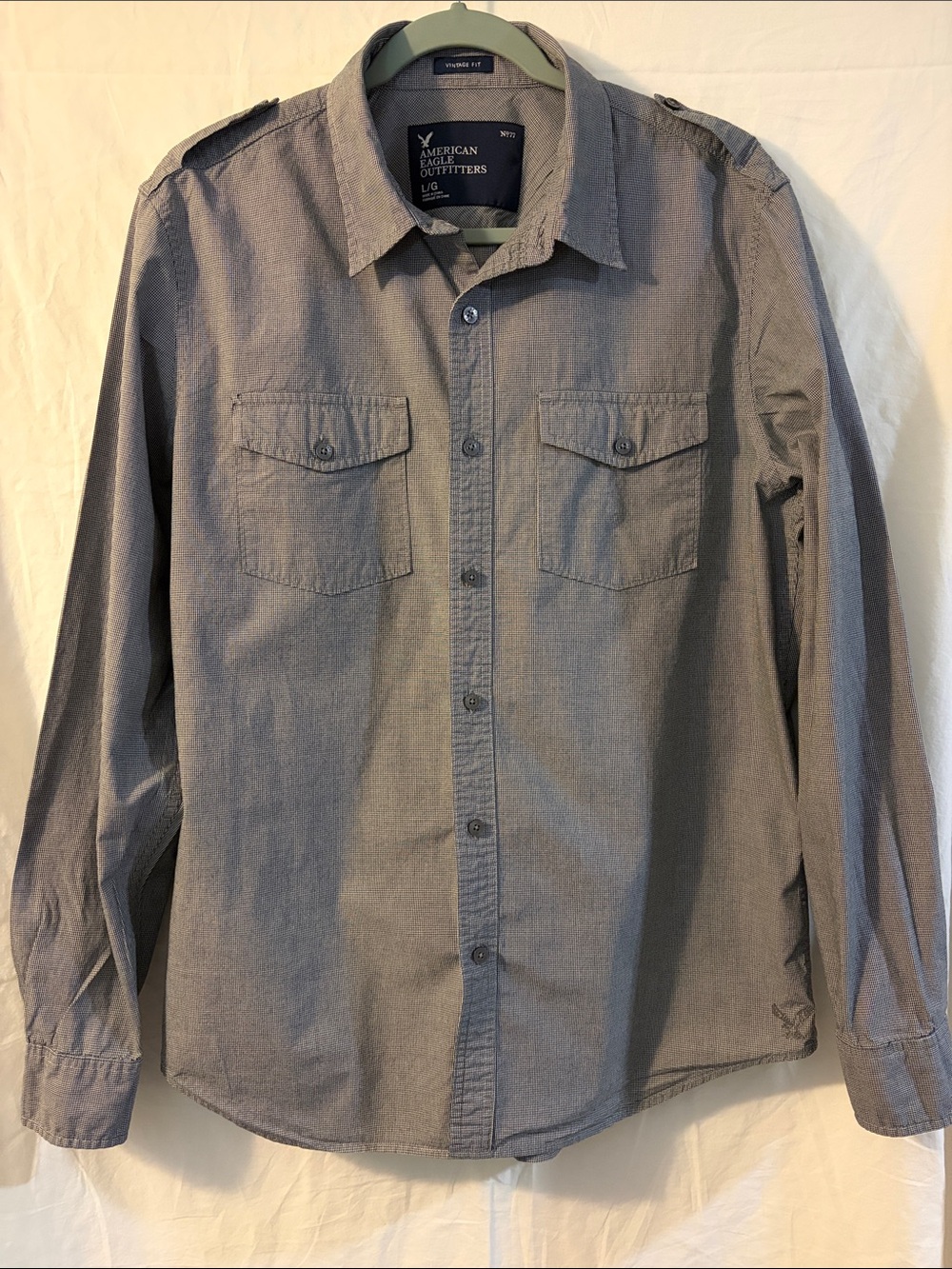 American Eagle Outfitters Men's Navy and White Long-Sleeve Button-Down Shirt